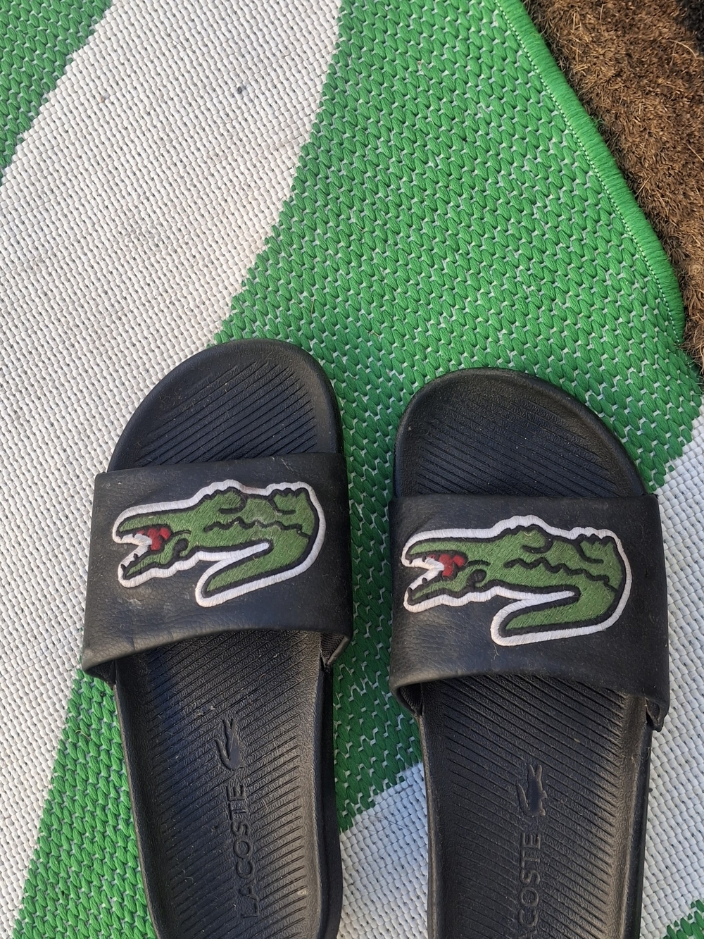 Lacoste Black Slide Sandals with Green Croc Logo